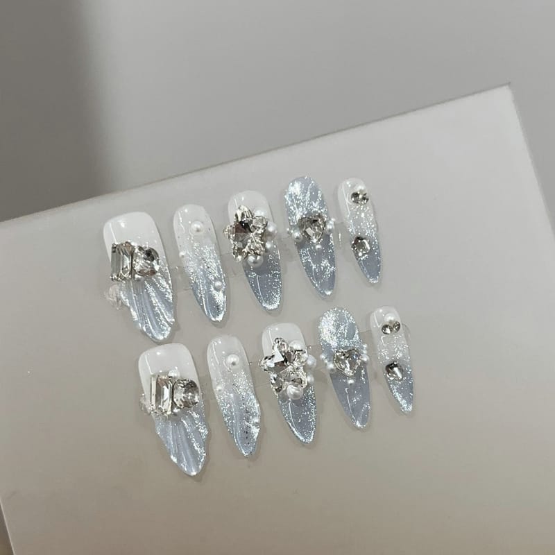 Hazy Blue Cat Eye Long Mermaid Tail Press On Nails