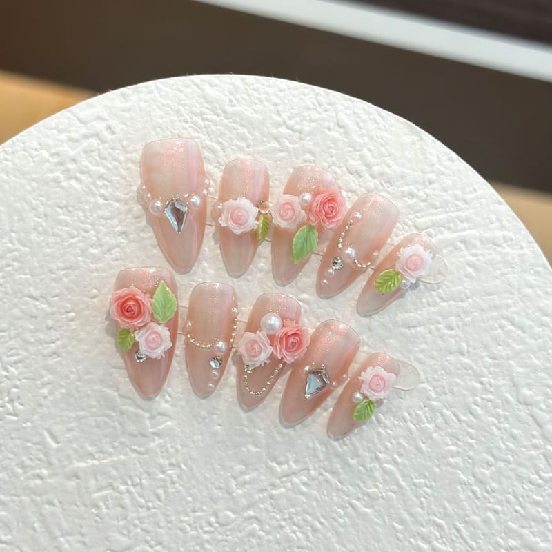 Camellia Pink Cat Eye Mirror Powder Almond Press On Nails