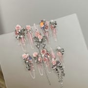 Long Mirror Pink Camellia Flower Designs Press On Nails