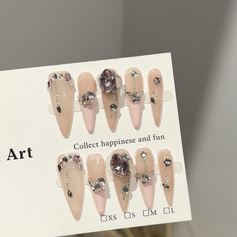 Nude Pink Long Stiletto Glitter Cluster Press On Nails