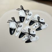 Black and White French Long Stiletto Lace Bow Press On Nails