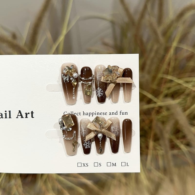 Chocolate Brown & Luxe Bow Long Stiletto Press On Nails