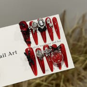 Wine Red Cat Eye with Gothic Snake & Bunny Press On Nails