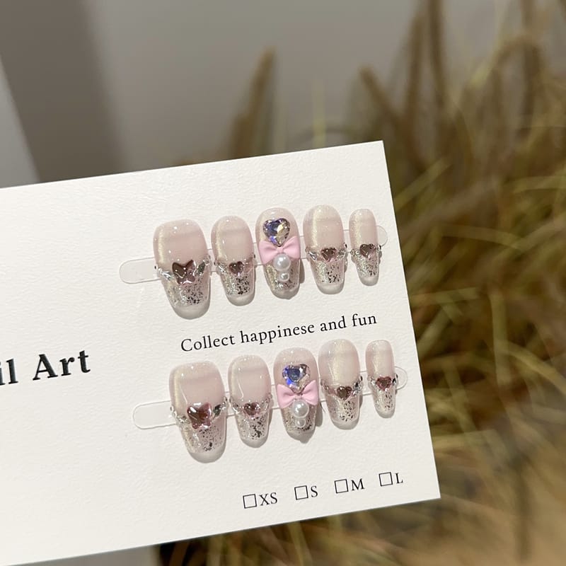 Pink Cat Eye & Bow French Tip Short Press On Nails