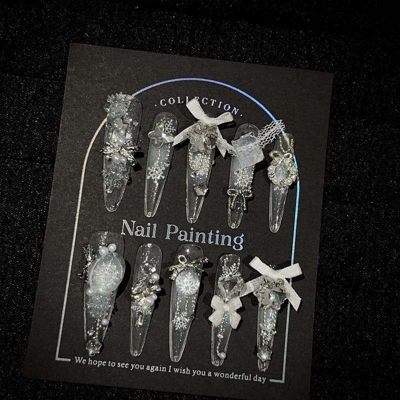 Bow & Full Drill Sparkle: Luxury Long Almond Press On Nails