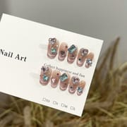 Pink French Cat Eye & Heart Rhinestone Short Press On Nails