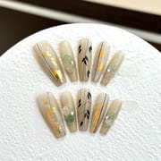 Hand-Painted Gold Foil & Bamboo Luxury Long Stiletto Press On Nails