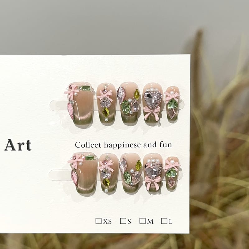 Fairy Garden: Green Pink Cat Eye Guava Short Press On Nails