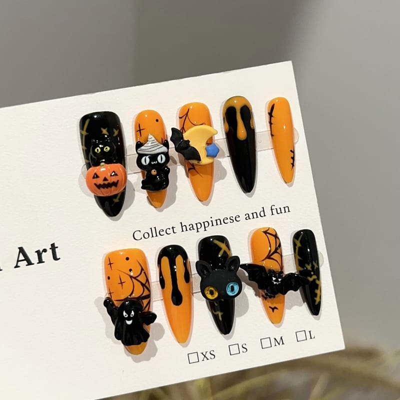 Orange Halloween Pumpkin & Bat Press On Nails