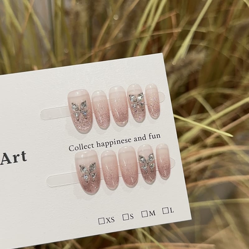 Pink Cat Eye & 3D Zirconia Butterfly Press On Nails