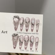 Pink Ice Cat Eye Press On Nails with Chain Rhinestones