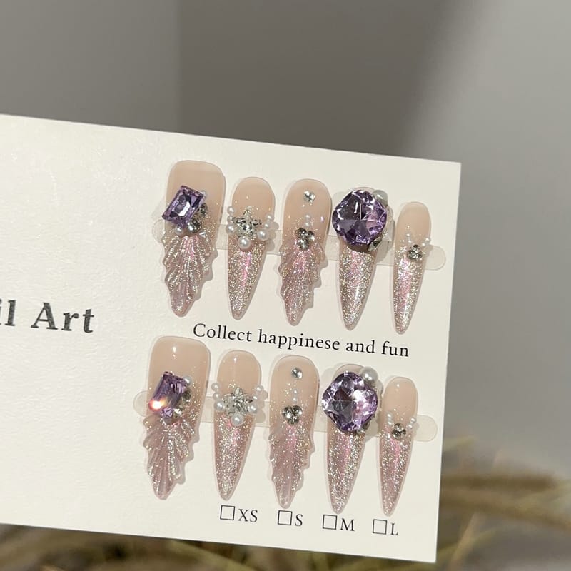Pink Purple Cat Eye Glitter Press On Nails with Stacked Rhinestones
