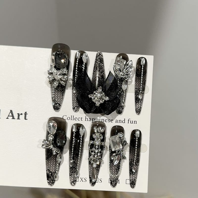Black Lace Long Press On Nails with Stacked Rhinestones