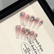 Pink Ombre Long Press On Nails with Rhinestone Heart