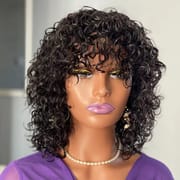 Water Wave Short Curly Human Hair Wig with Bangs - No Lace