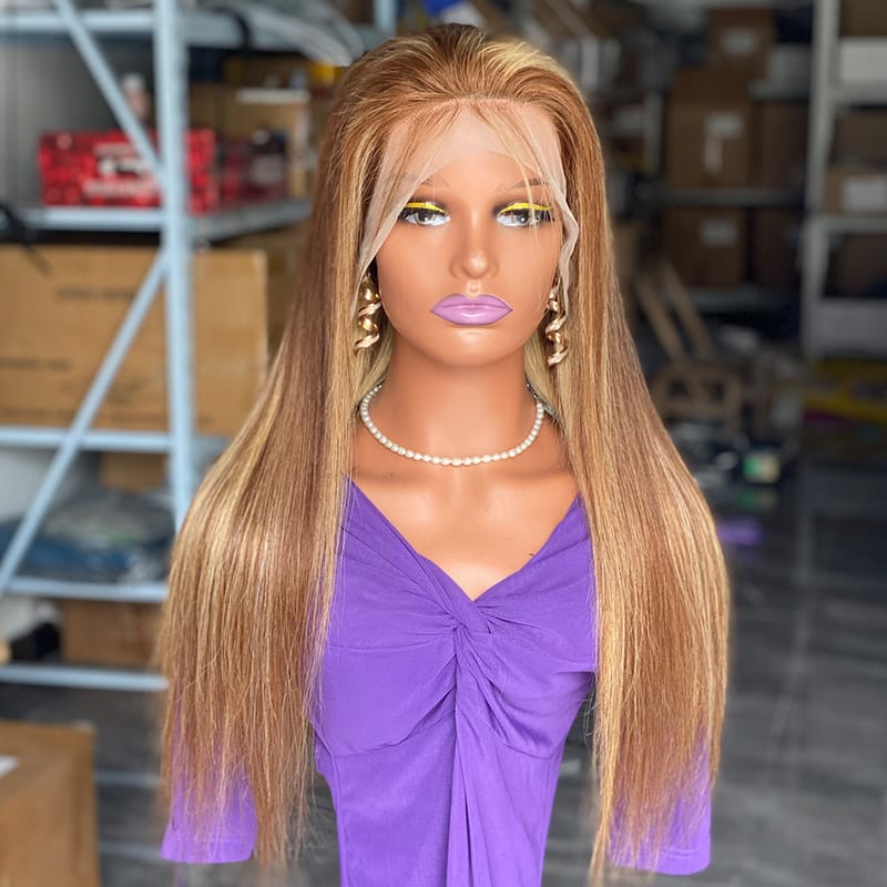 180 Density Straight 13x4 Lace Front Brown to Blonde Ombre Highlights Human Hair Wig