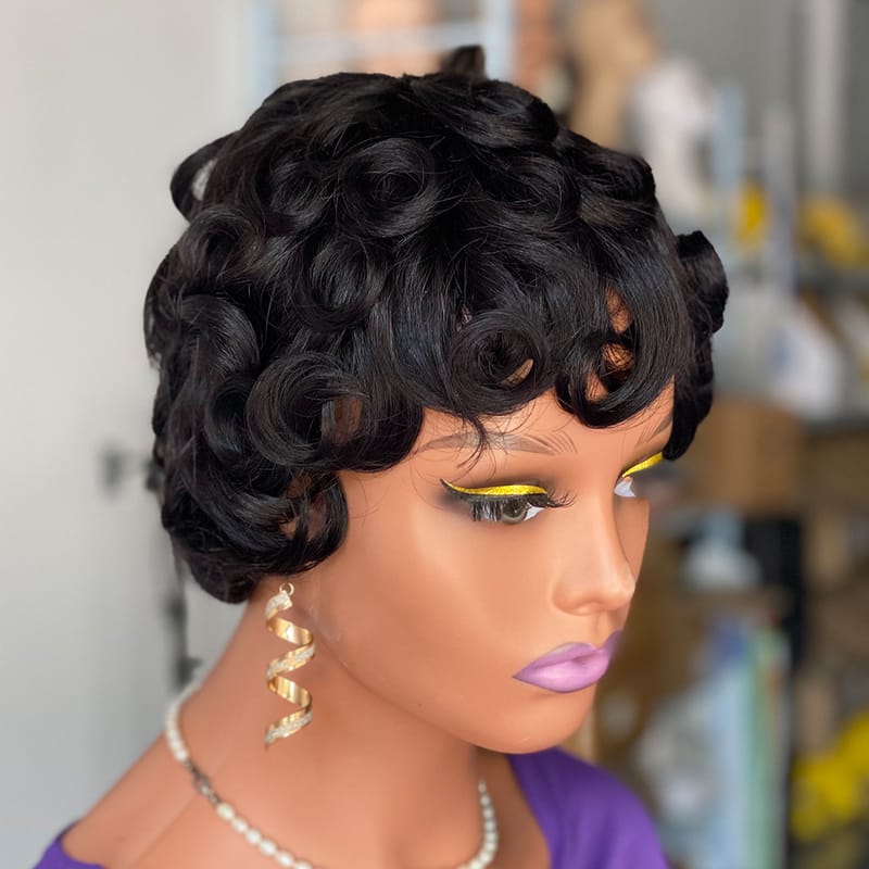 Short Wavy Human Hair Wig - No Lace, Pre-Plucked, 4 inch