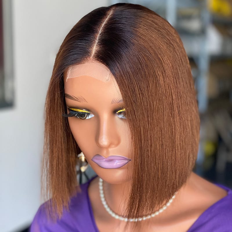 Glueless Kim K DD Bone Straight Ombre Brown Bob Human Hair Wig