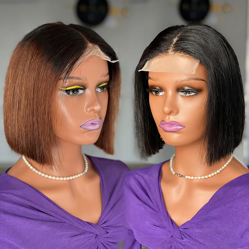 12A Glueless Bone Straight Bob 4x4 Lace Front Black & Ombre Brown Human Hair Wig