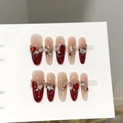 Long Oval Wine Red Full Gem Heart Sparkle Press On Nails