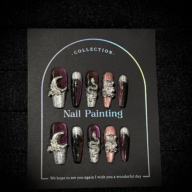 Long Coffin Purple Cat Eye Gothic Cool Press On Nails