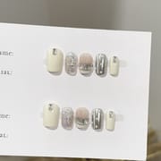Short Square Silver White French Tip Gem Sparkle Press On Nails