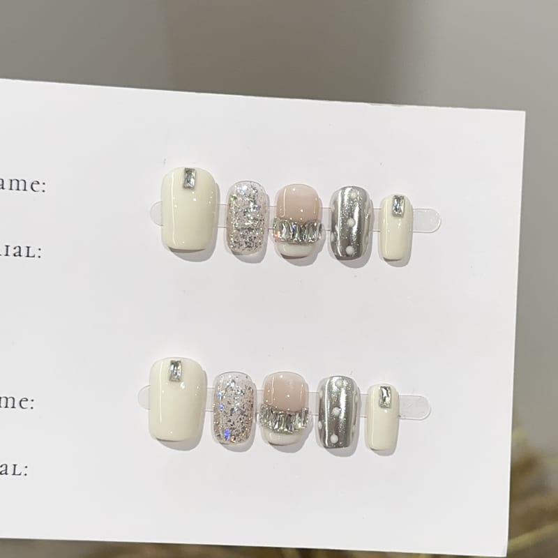 Short Square Silver White French Tip Gem Sparkle Press On Nails