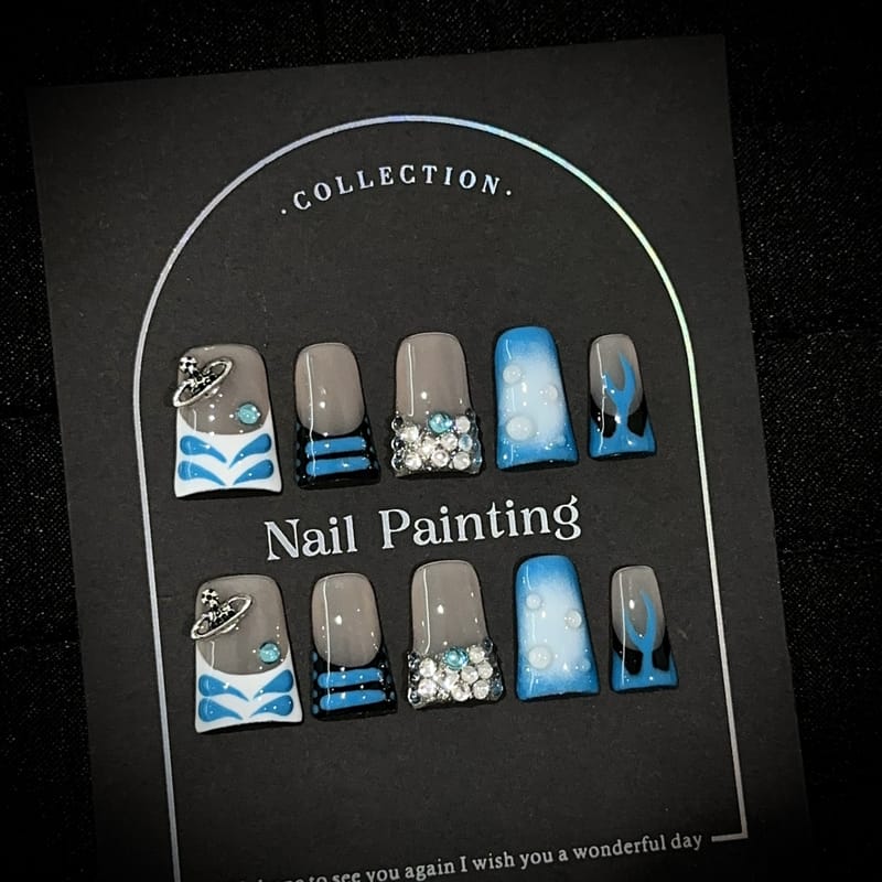 Short Duck Bill Blue Hand-Painted Ocean Mixed Gem Press On Nails