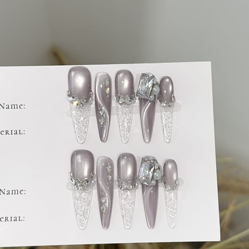 Long Stiletto Purple Cat Eye Star Zircon Sparkle Press On Nails