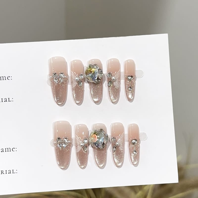 Long Oval Pink Cat Eye Sparkle Butterfly Stacked Gem Press On Nails