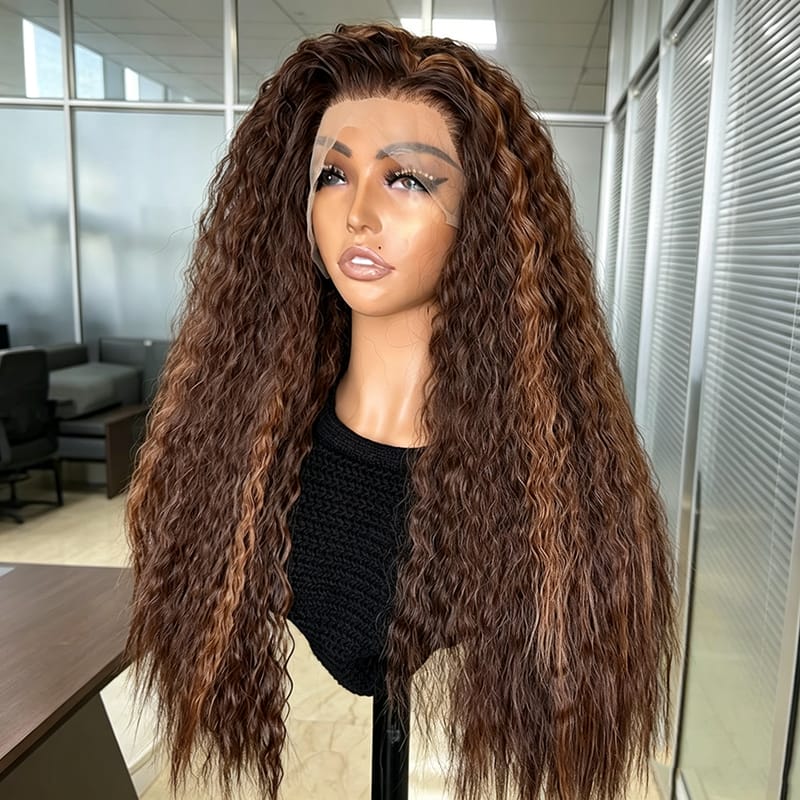 Long Kinky Crimped Wig - Brown Highlights Lace Front