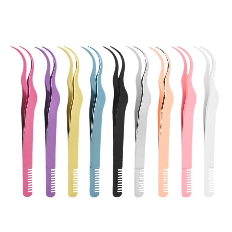 Curved Tip Stainless Steel Eyelash Applicator Tweezers with Built-in Comb