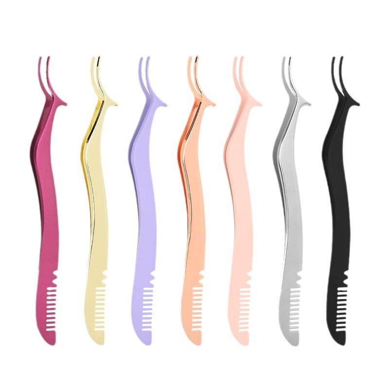 7 Color Curved Stainless Steel Eyelash Applicator Tweezers with Built-in Comb