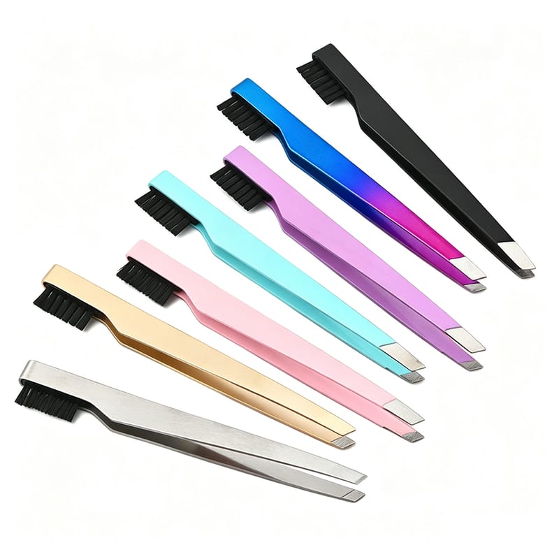 8 Color Angled Stainless Steel Eyebrow Tweezers with Brush