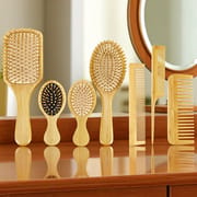 Bamboo Cushion Hairbrush & Comb Set - Paddle Brush & Wide-Tooth Comb