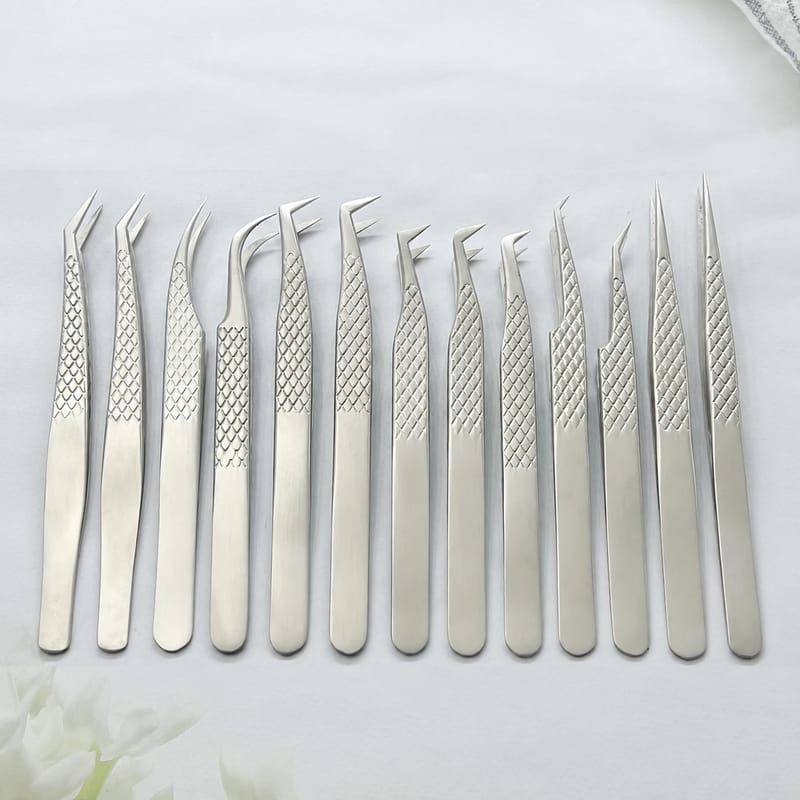 Silver Matte Diamond Textured Precision Eyelash Extension Tweezers