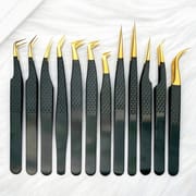 Black and Gold Diamond Textured Precision Eyelash Extension Tweezers