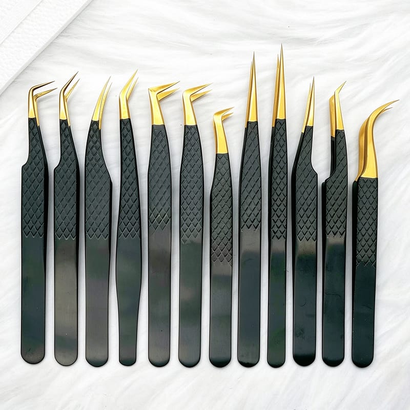 Black and Gold Diamond Textured Precision Eyelash Extension Tweezers