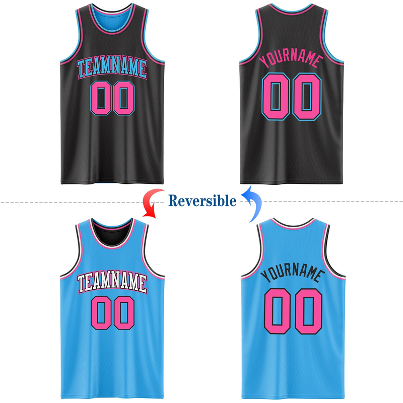Custom Reversible Black Pink-Sky Blue Double Side Basketball Jersey