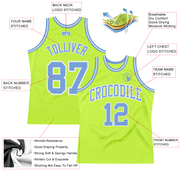 Custom Neon Green Light Blue-White Authentic Throwback Basketball Jersey