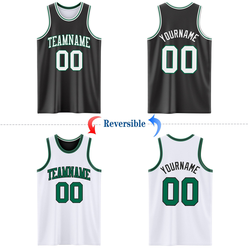Custom Reversible Black White-Kelly Green Double Side Basketball Jersey