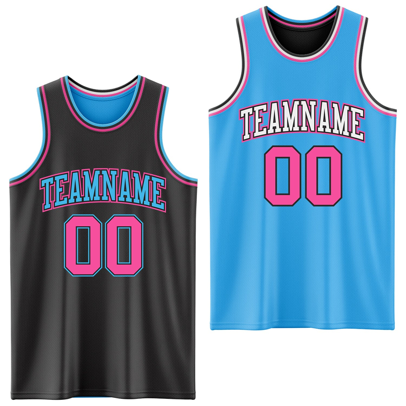 Custom Reversible Black Pink-Sky Blue Double Side Basketball Jersey