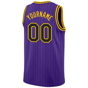 Custom Purple Black Pinstripe Black-Gold Authentic Basketball Jersey