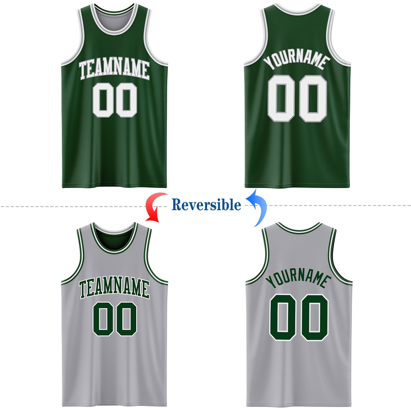 Custom Reversible Green White-Gray Double Side Basketball Jersey