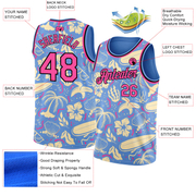 Custom Light Blue Pink-Black 3D Pattern Tropical Hawaii Trees Authentic Basketball Jersey