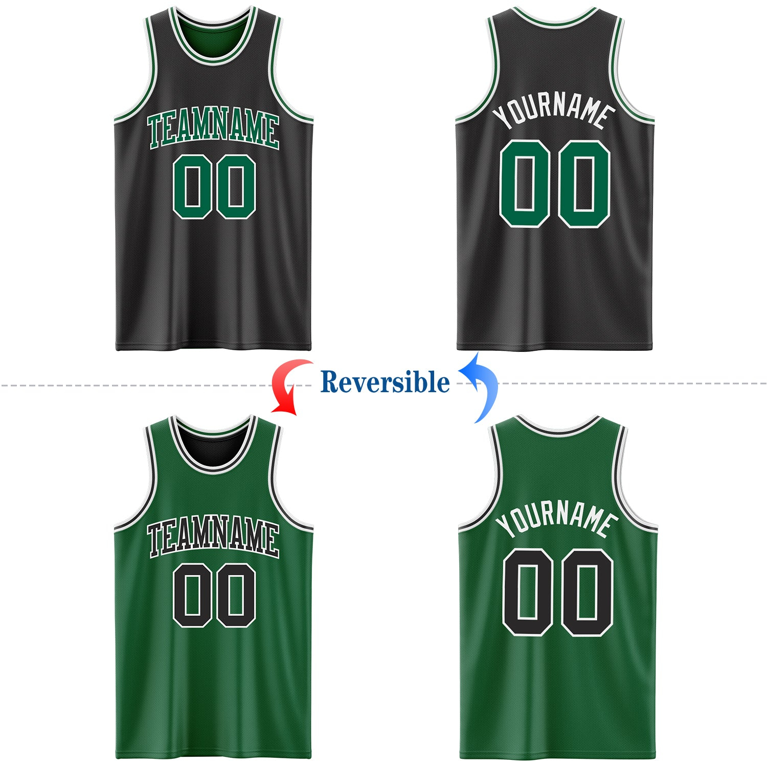 Custom Reversible Black Kelly Green-White Double Side Basketball Jersey