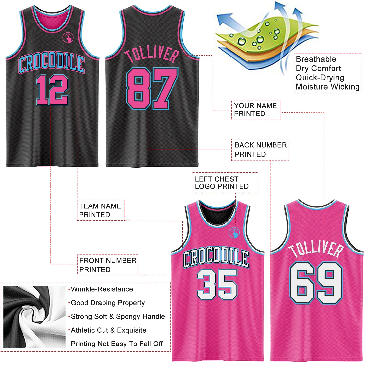 Custom Reversible Black Pink-Sky Blue Double Side Basketball Jersey