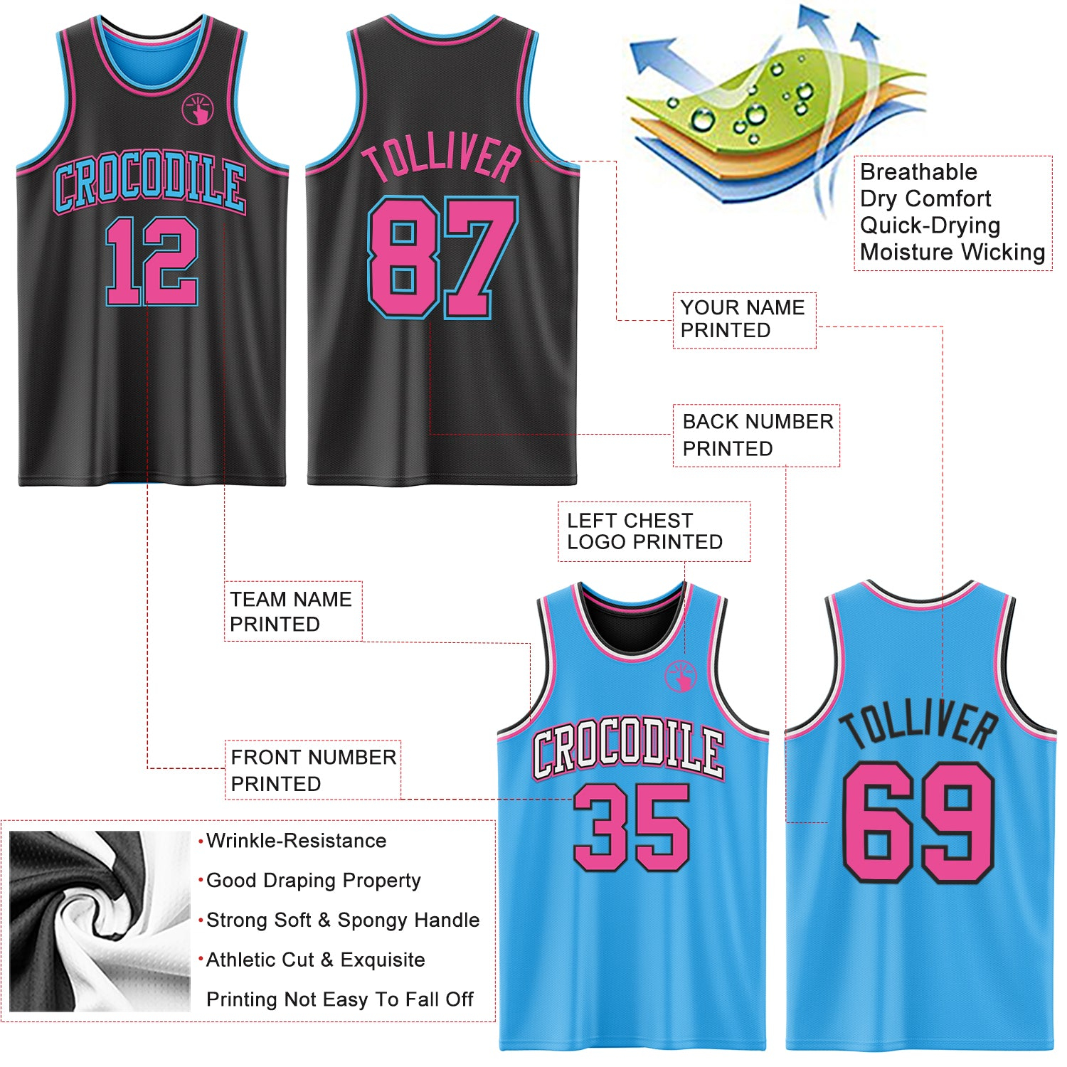 Custom Reversible Black Pink-Sky Blue Double Side Basketball Jersey