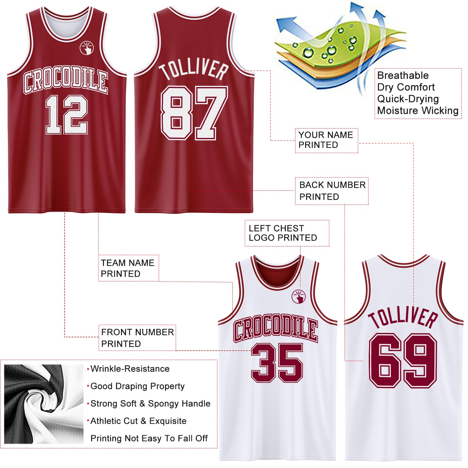 Custom Reversible Maroon White Double Side Basketball Jersey