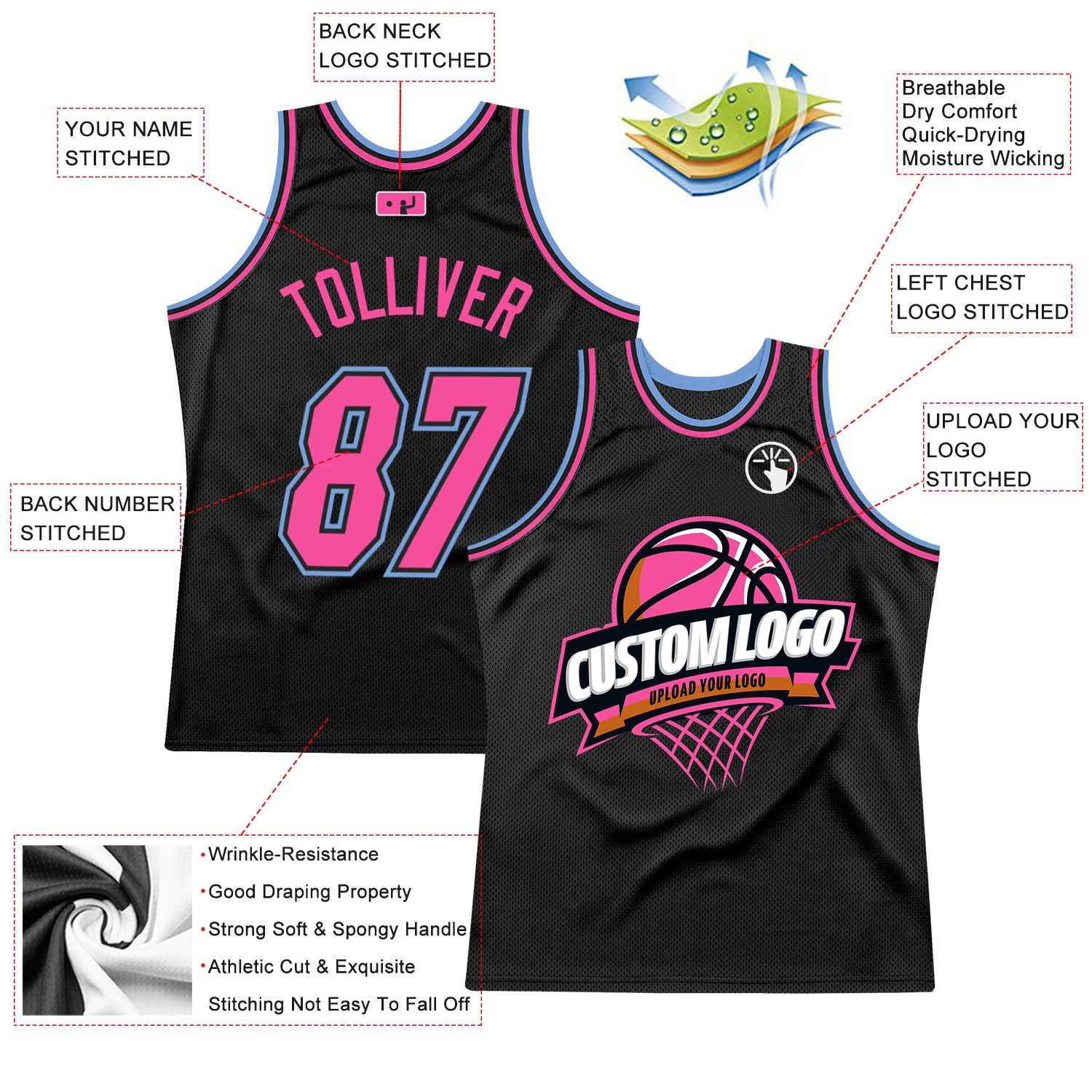 Custom Black Pink-Light Blue Authentic Throwback Basketball Jersey